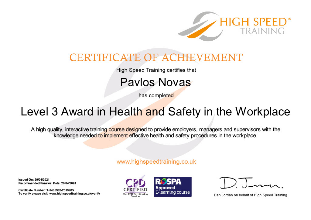 Pavlos Novas-Level 3 Award in Health and Safety in the Workplace